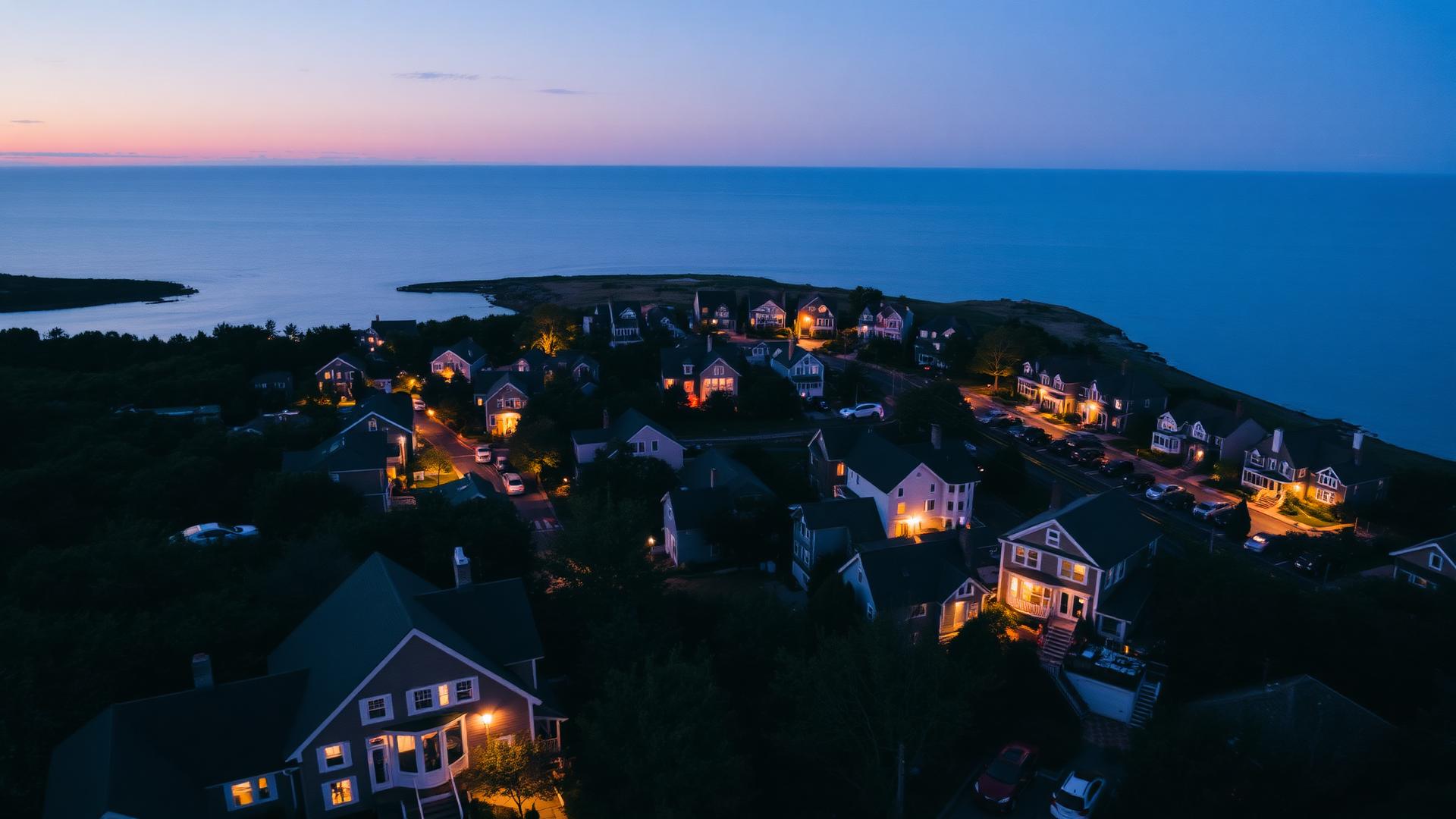 Rhode Island coastal neighborhood at twilight